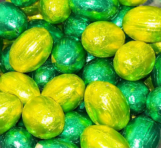 Ovetti 12gr Duo cioccolato al latte ripieni di crema nocciola e cereali (incarto giallo-verde) (1kg)